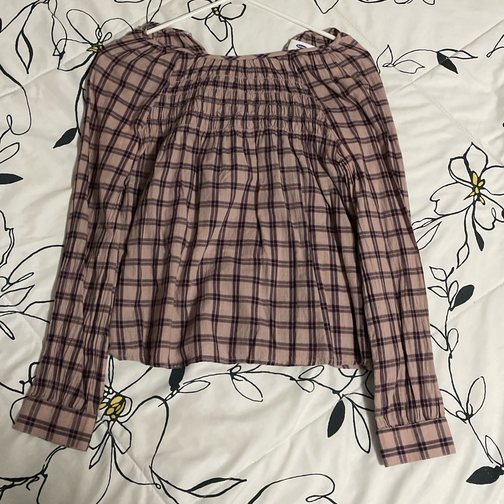 Printed purple blouse.